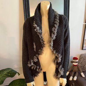 Cache Long Cardigan Sweater with Faux Fur Details